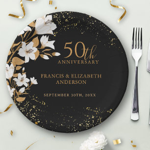 Floral Black Gold  50th Wedding Anniversary Paper Plate