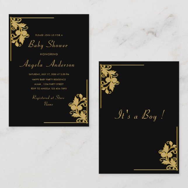 Floral Black Gold Baby Boy Shower Invitation (Front/Back)