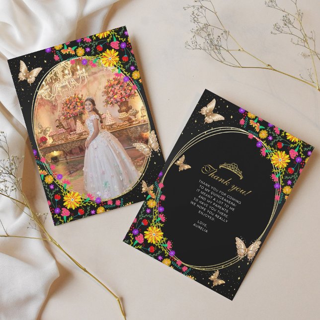 Floral Black Gold Butterfly Quinceañera Photo Thank You Card (Creator Uploaded)