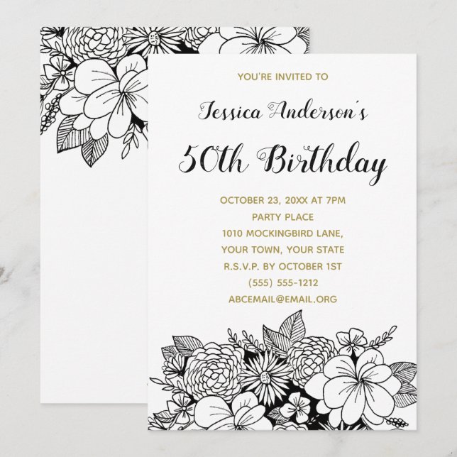 Floral Black Gold Fiftieth 50th Birthday Invite (Front/Back)