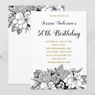Floral Black Gold Fiftieth 50th Birthday Invite