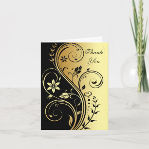 Floral Black & Gold Scroll Wedding Thank You Card