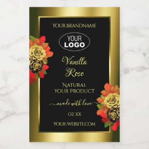 Floral Black Gold Shimmer Product Label Roses Logo
