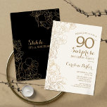Floral Black Gold Surprise 90th Birthday Party Invitation<br><div class="desc">Floral Black Gold Surprise 90th Birthday Party Invitation. Minimalist modern design featuring botanical accents and typography script font. Simple floral invite card perfect for a stylish female surprise bday celebration. Can be customised to any age.</div>