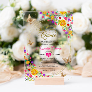 Floral Black Gold Tiara Butterfly Mis Quinceañera Acrylic Invitations