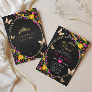 Floral Black Gold Tiara Butterfly Mis Quinceañera Invitation