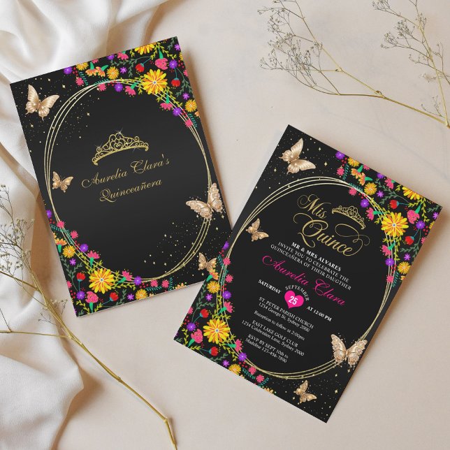 Floral Black Gold Tiara Butterfly Mis Quinceañera Invitation (Creator Uploaded)