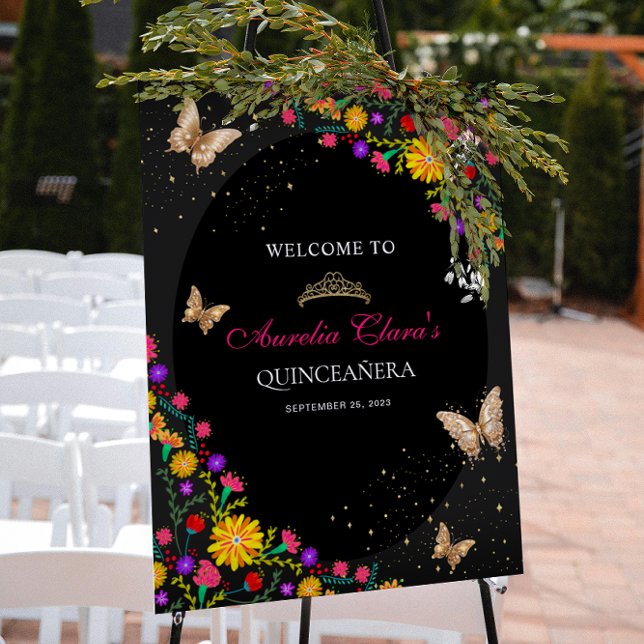 Floral Black Gold Tiara Butterfly Mis Quinceañera Poster (Creator Uploaded)
