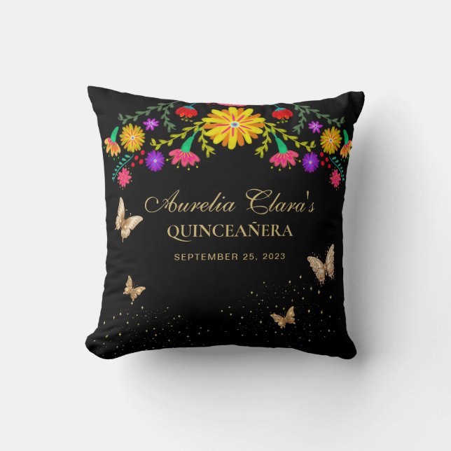 Floral Black Gold Tiara Butterfly Quinceanera Cushion (Front)