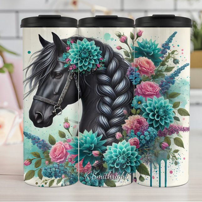 Floral Black Horse Braided Mane Thermal Tumbler (Creator Uploaded)