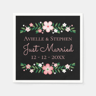 Floral Black Just Married Pink Flowers Wedding Napkin