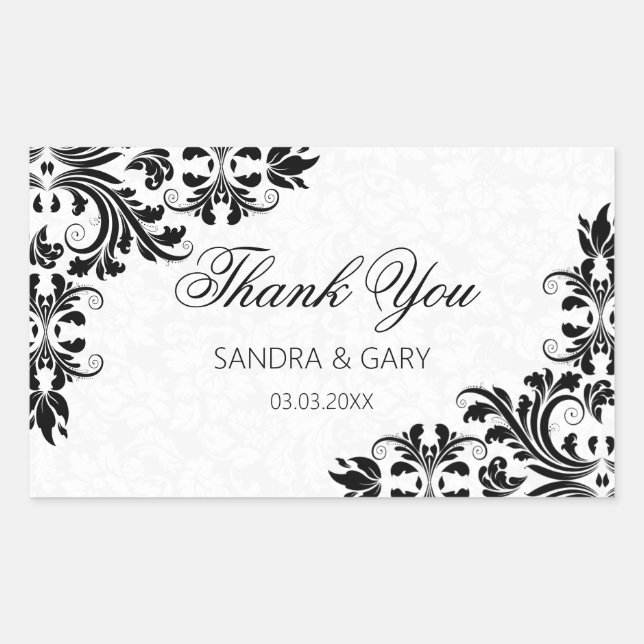 Floral Black Lace And White Damask Rectangular Sticker (Front)
