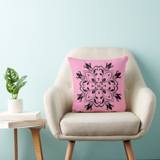 Floral Black Mandala Monogrammed Cushion (Chair)