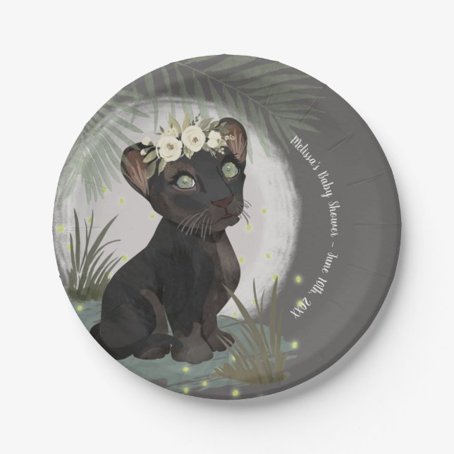 Floral Black Panther Baby Shower  Paper Plate (Front)