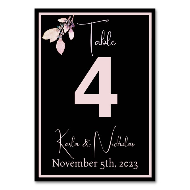 Floral Black & Pastel Pink Wedding Table Number (Front)