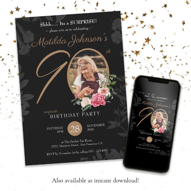 Floral Black Photo 90th Surprise Birthday Party Invitation (90th Surprise Birthday Floral Black Custom Photo I Invitation)