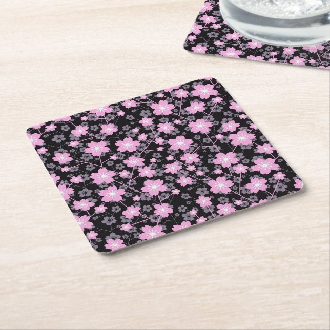 Floral Black Pink Beautiful Cherry Blossom Square Paper Coaster (Angled)