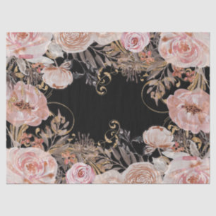 Floral Black Pink BOHO Rose Gold Foliage Decoupage Tissue Paper
