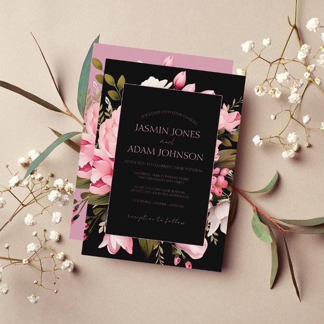 Floral Black Pink Flowers Dark Aesthetic Wedding Invitation (Creator Uploaded)