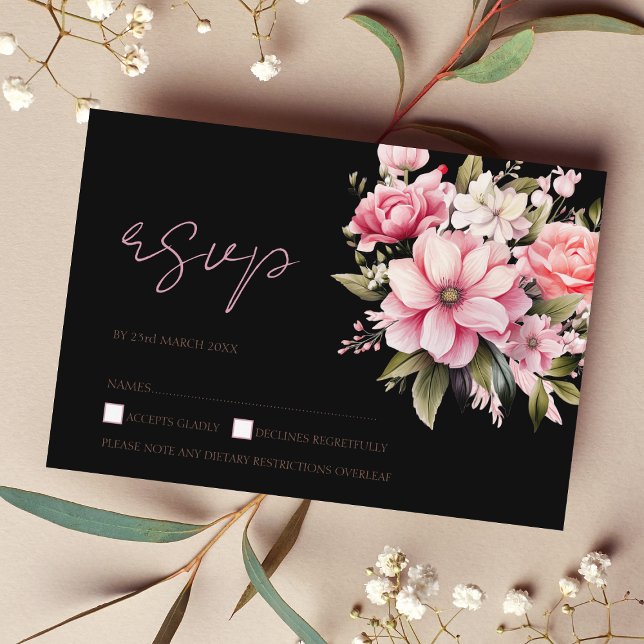 Floral Black Pink Flowers Dark Aesthetic Wedding RSVP Card (Creator Uploaded)