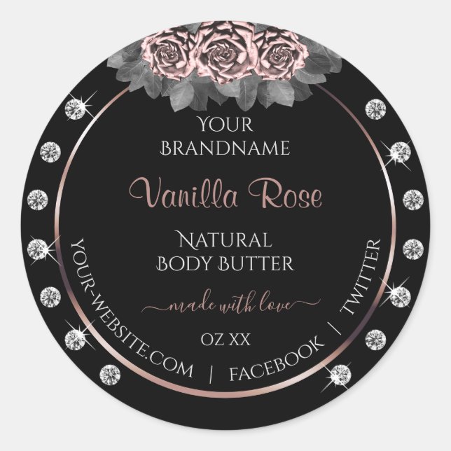 Floral Black Product Labels Rose Gold Frame Jewels (Front)