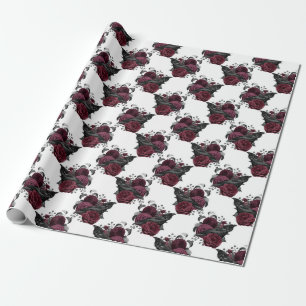 Floral Black Raven on White Wrapping Paper