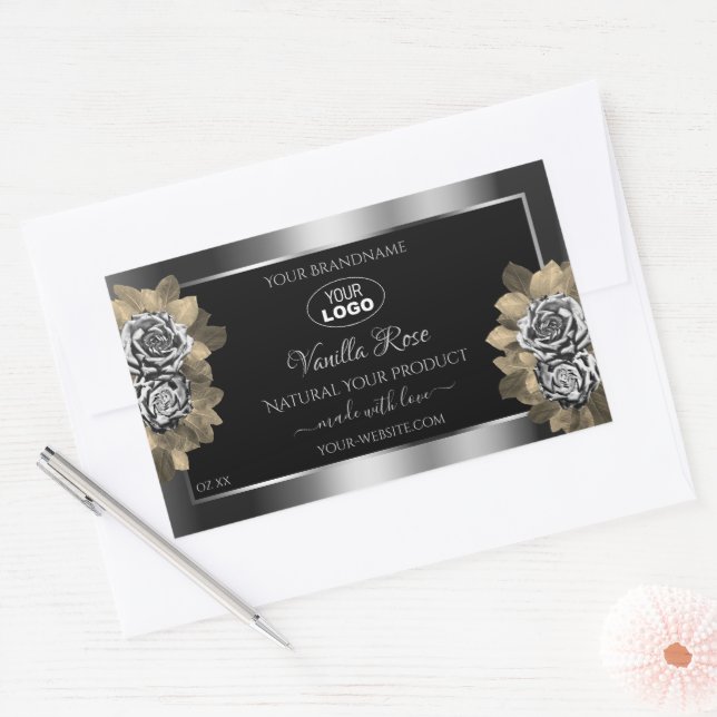 Floral Black Silver Product Label Leafy Roses Logo (Envelope)