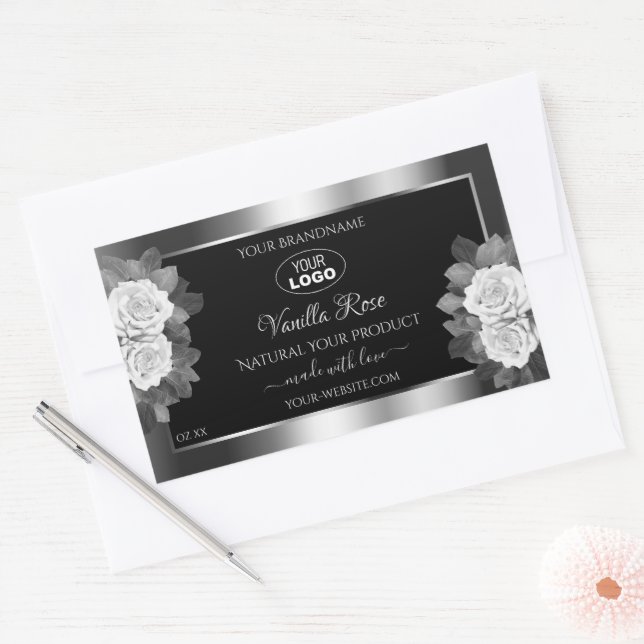 Floral Black Silver Product Label White Roses Logo (Envelope)