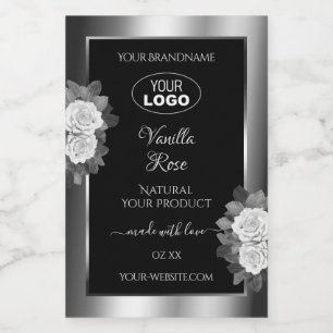 Floral Black Silver Product Label White Roses Logo
