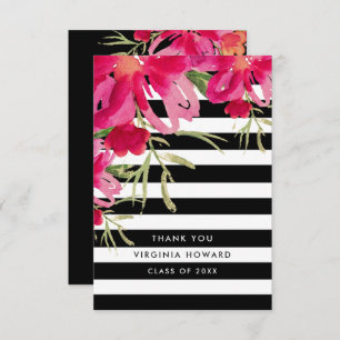 Floral Black Stripes Graduation Thank You Card