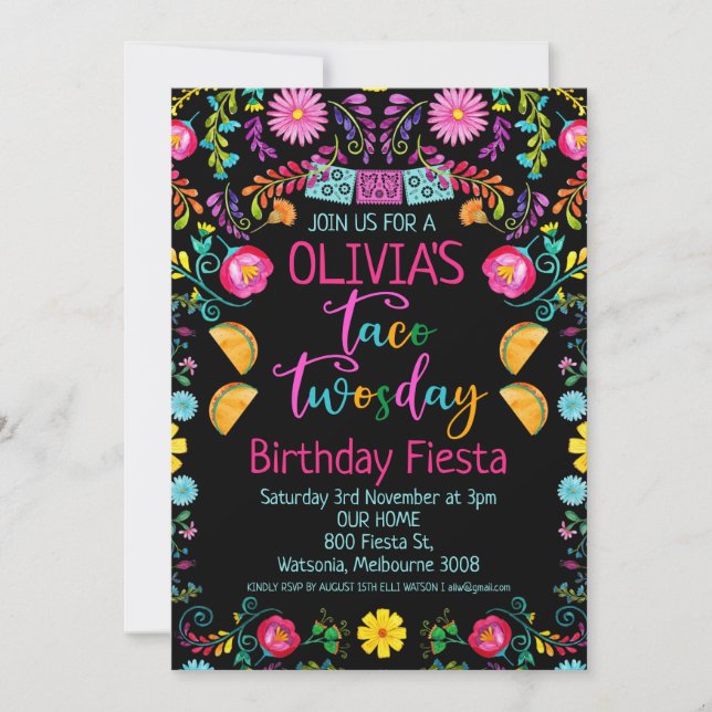 Floral Black Taco Twosday Mexican 2nd Birthday Invitation (Front)