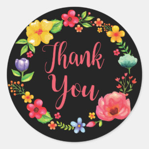Floral Black Thank You Watercolor Flower Wreath Classic Round Sticker