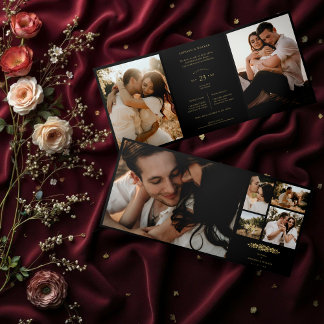 Floral Black Trendy Collage Wedding 7 Photos Tri-Fold Invitation