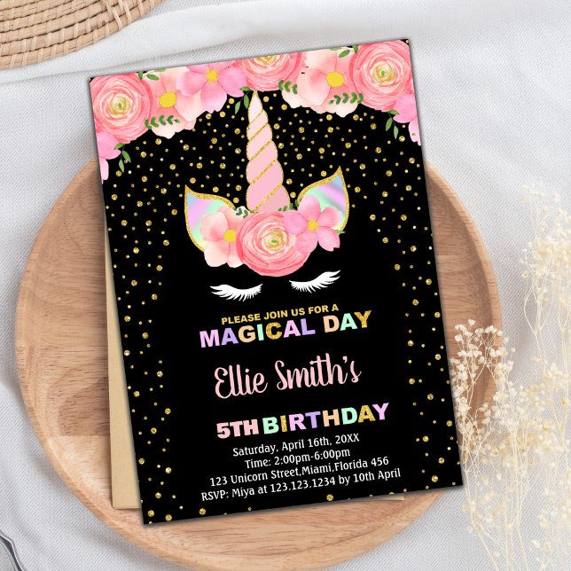 Floral Black Unicorn Birthday Invitations (Floral Black Unicorn Birthday Invitations)