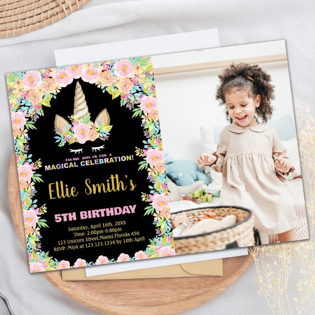 Floral Black Unicorn Birthday Invitations w photo (Floral Black Unicorn Birthday Invitations w photo)