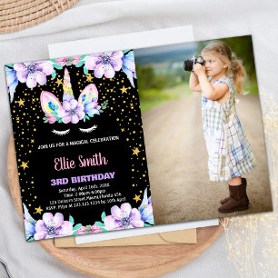 Floral Black Unicorn Birthday Invitations w photo