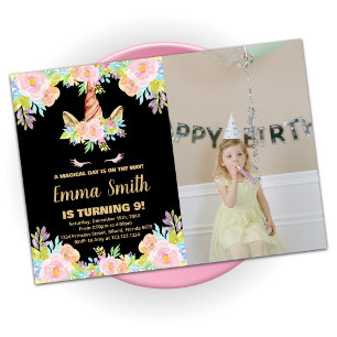 Floral Black Unicorn Birthday With Photo Invitation