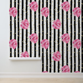 Floral Black Vertical Stripe and Gold Confetti Wallpaper