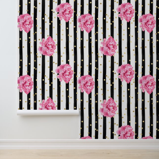 Floral Black Vertical Stripe and Gold Confetti  Wallpaper (Application)