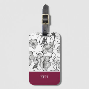 Floral Black, White, and Red with Monogram Luggage Tag