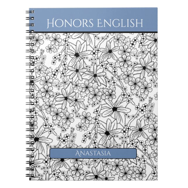 Floral Black White Blue Name School Subject Notebook (Front)