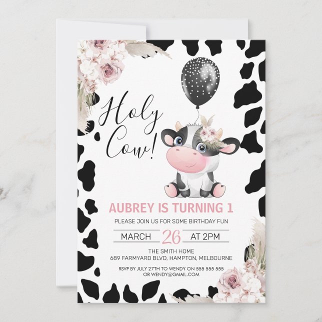 Floral Black White Cow Print Balloon 1st Birthday Invitation (Front)