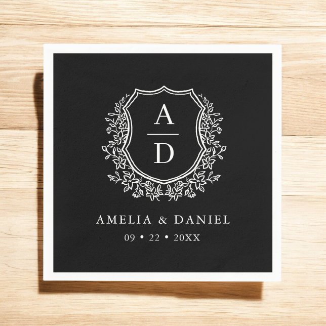 Floral Black White Crest Wedding Monogram Napkin (Creator Uploaded)