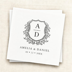 Floral Black White Crest Wedding Monogram Napkin