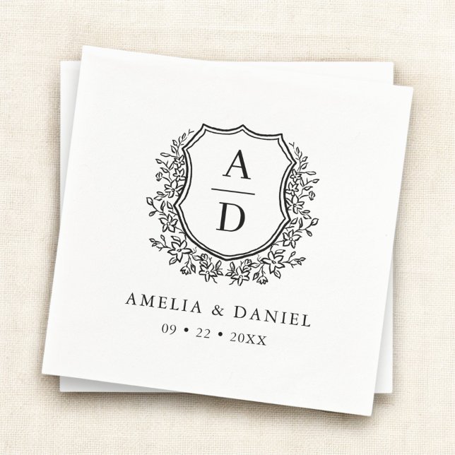 Floral Black White Crest Wedding Monogram Napkin (Creator Uploaded)