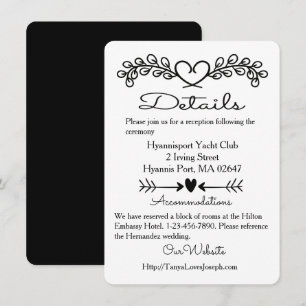 Floral Black & White Details Wedding Laurel Hearts Invitation