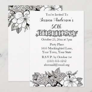 Floral Black White Fiftieth 50th Birthday Invite