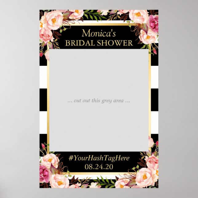 Floral Black White Gold Bridal Shower Photo Prop Poster (Front)