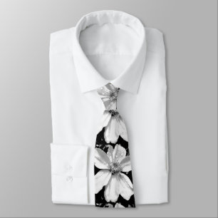 Floral black &white mens tie