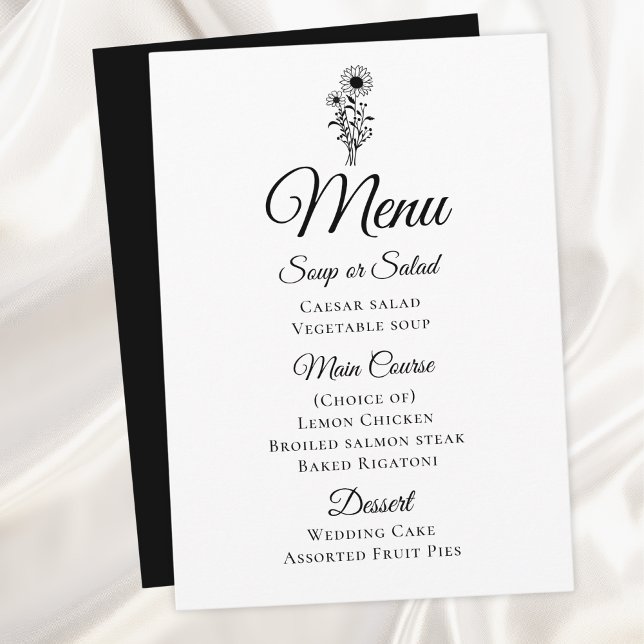 Floral Black White Minimalist Sunflower Wedding Menu (Creator Uploaded)